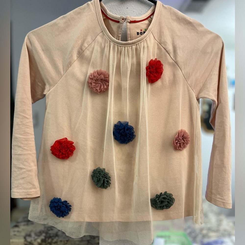 Mini Boden Cream Long Sleeve Top with Colorful Pom Poms